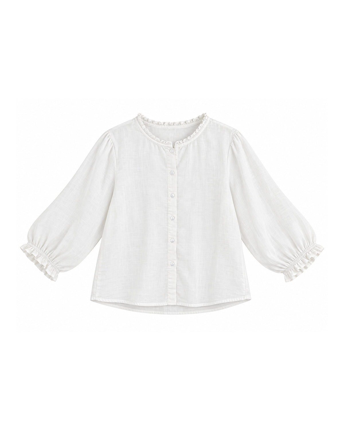 BUTTON FRONT BLOUSE WITH PUFF SLEEVES AND RUFFLE DETAILS