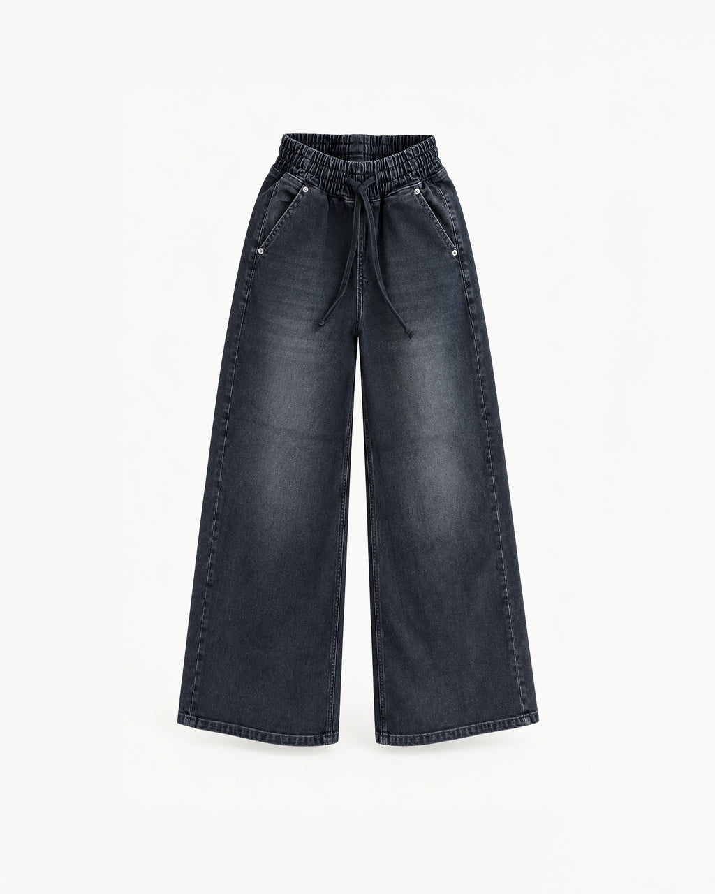 BLACK WASHED DENIM WIDE-LEG DRAWSTRING JEANS