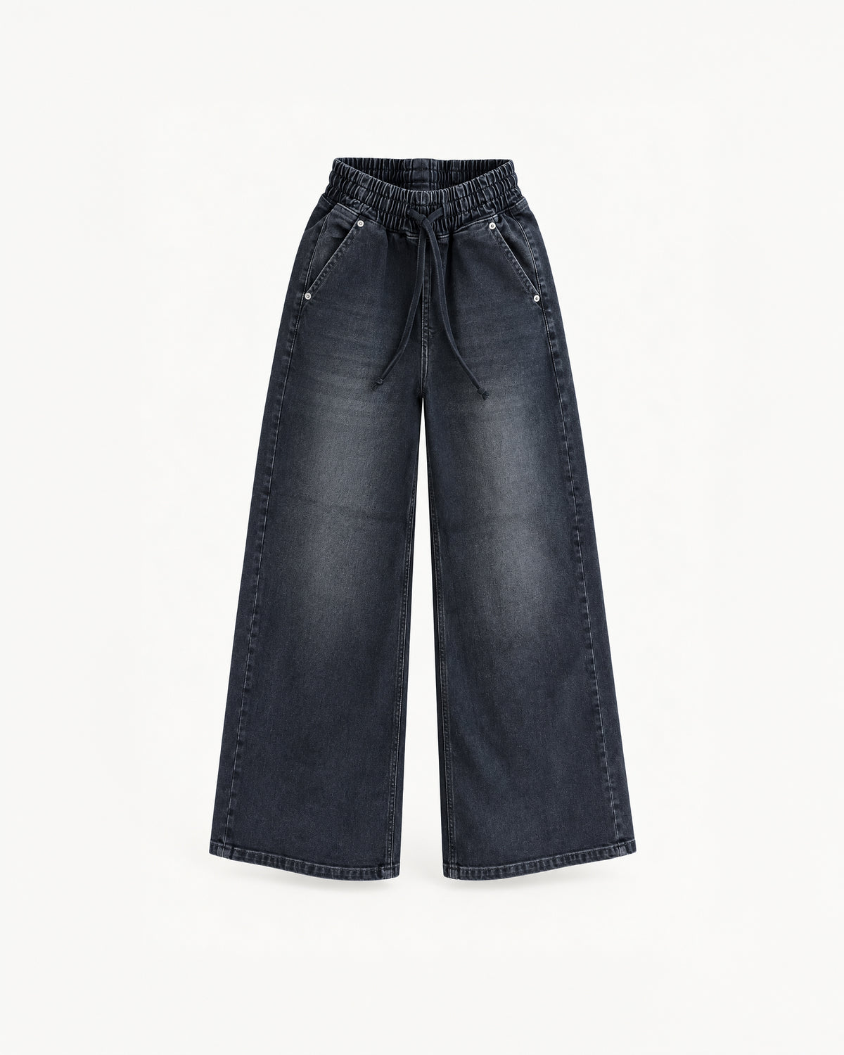 BLACK WASHED DENIM WIDE-LEG DRAWSTRING JEANS