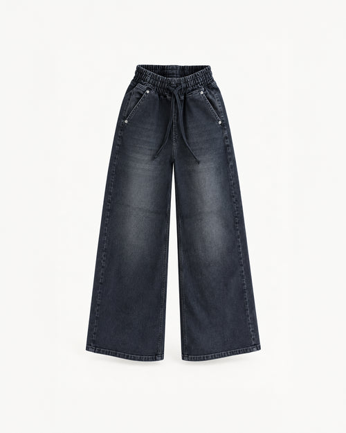 BLACK WASHED DENIM WIDE-LEG DRAWSTRING JEANS