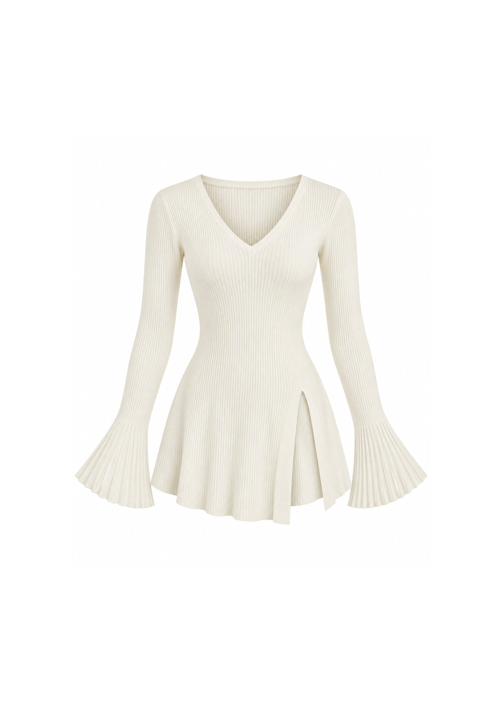 V-NECK RIBBED KNIT PEPLUM TOP WITH FLARED SLEEVES