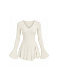 V-NECK RIBBED KNIT PEPLUM TOP WITH FLARED SLEEVES