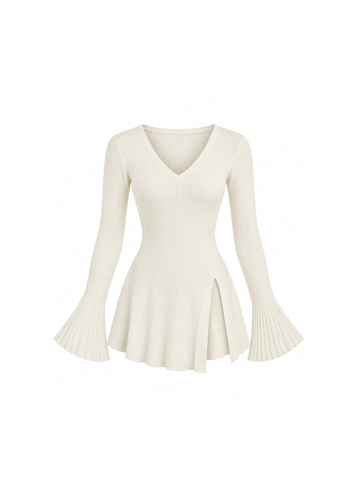 V-NECK RIBBED KNIT PEPLUM TOP WITH FLARED SLEEVES