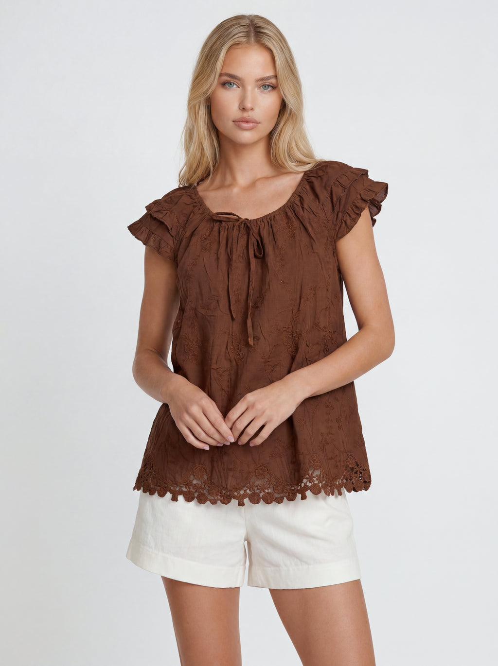 LACE TRIM RUFFLE BLOUSE