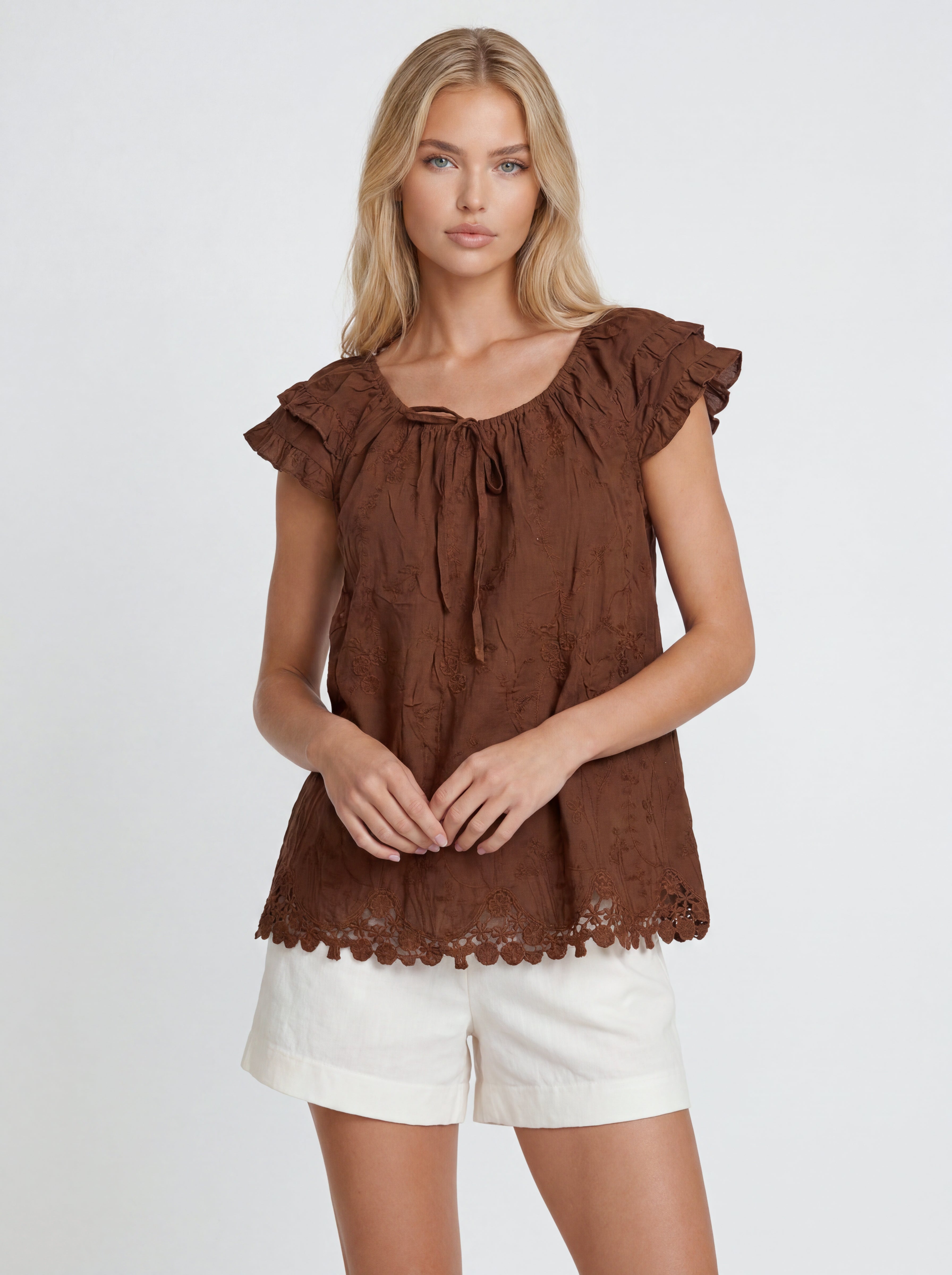 LACE TRIM RUFFLE BLOUSE