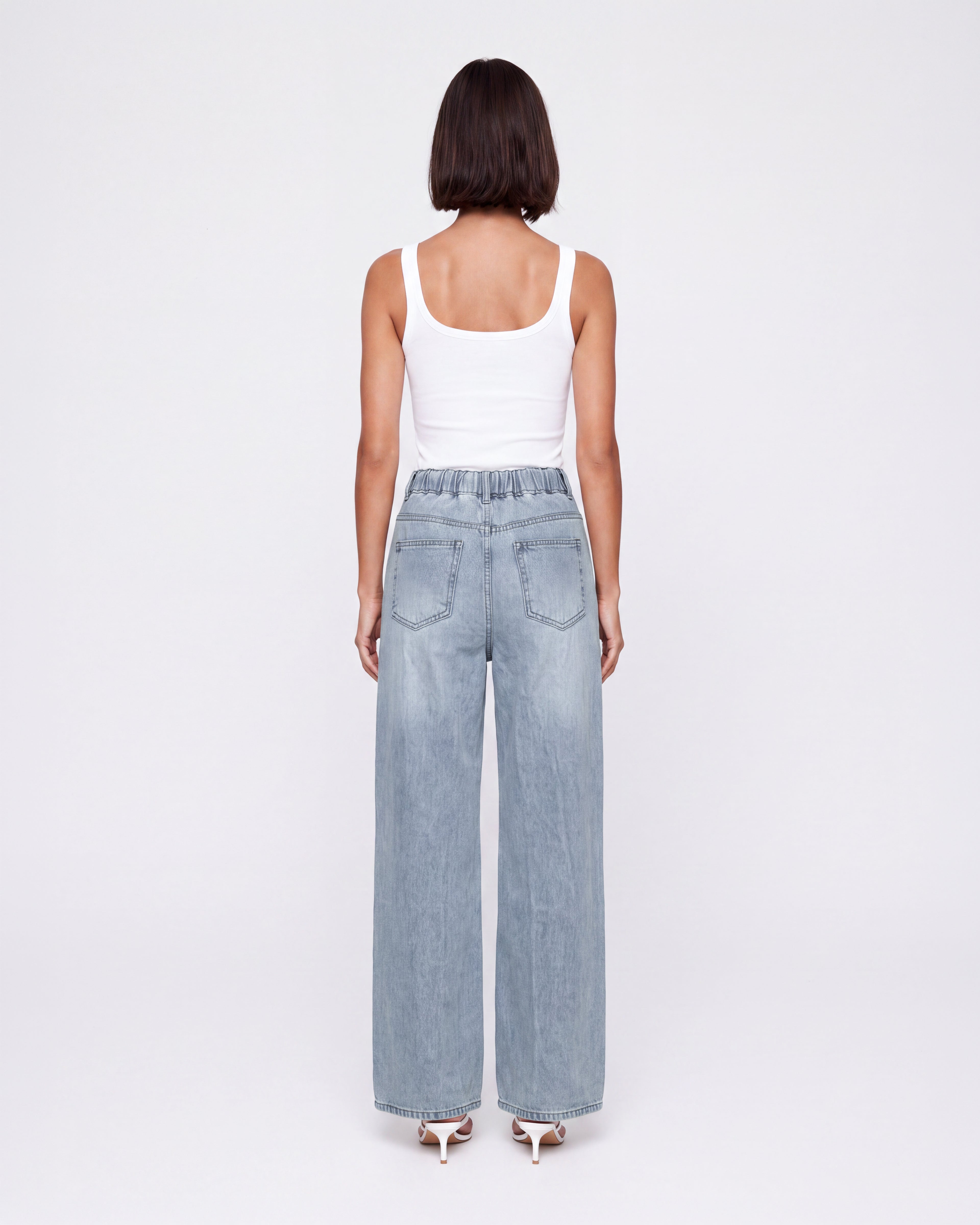 ELASTIC WAIST WIDE LEG LIGHT JEANS