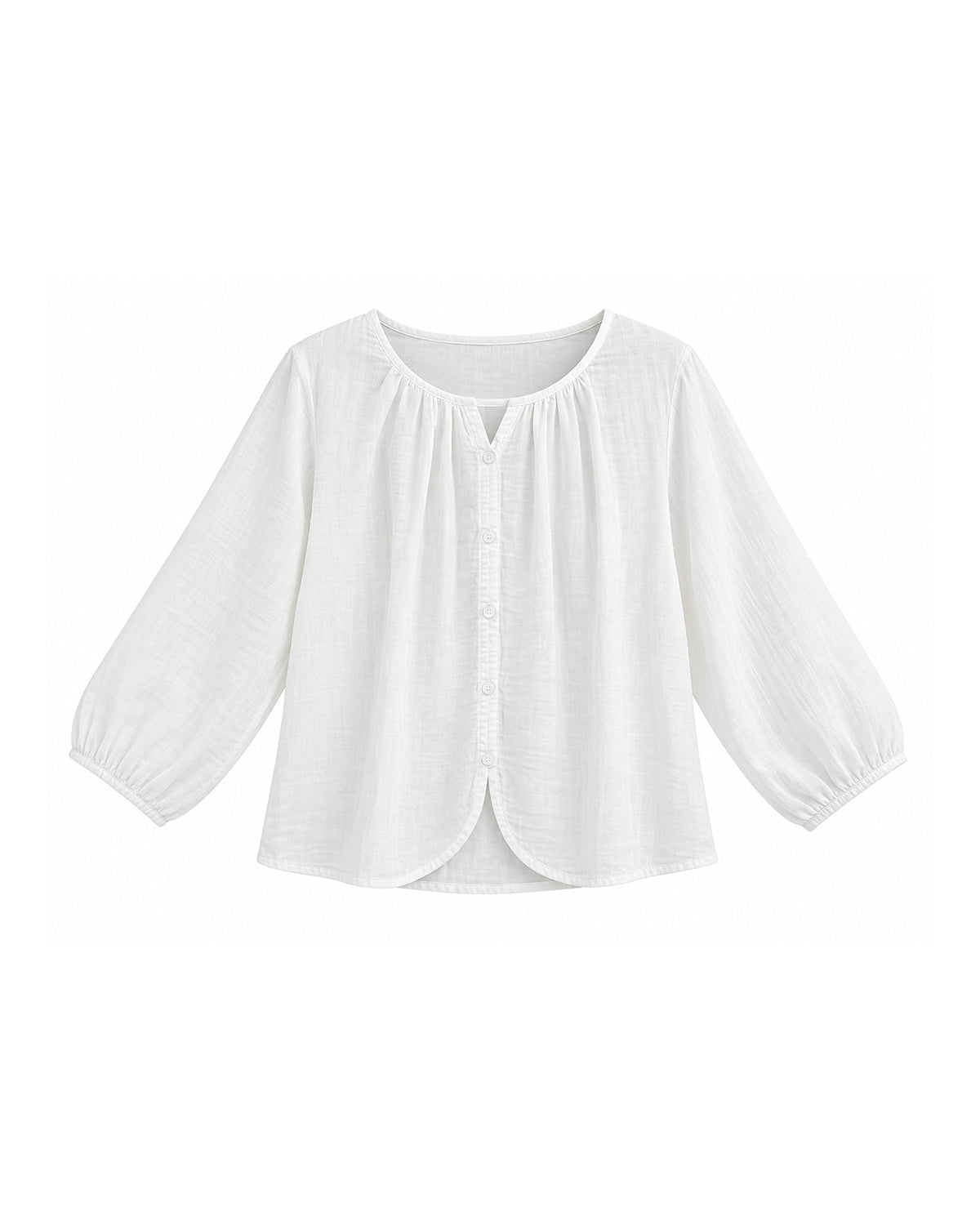 GATHERED NECK BUTTON-FRONT LONG SLEEVE BLOUSE