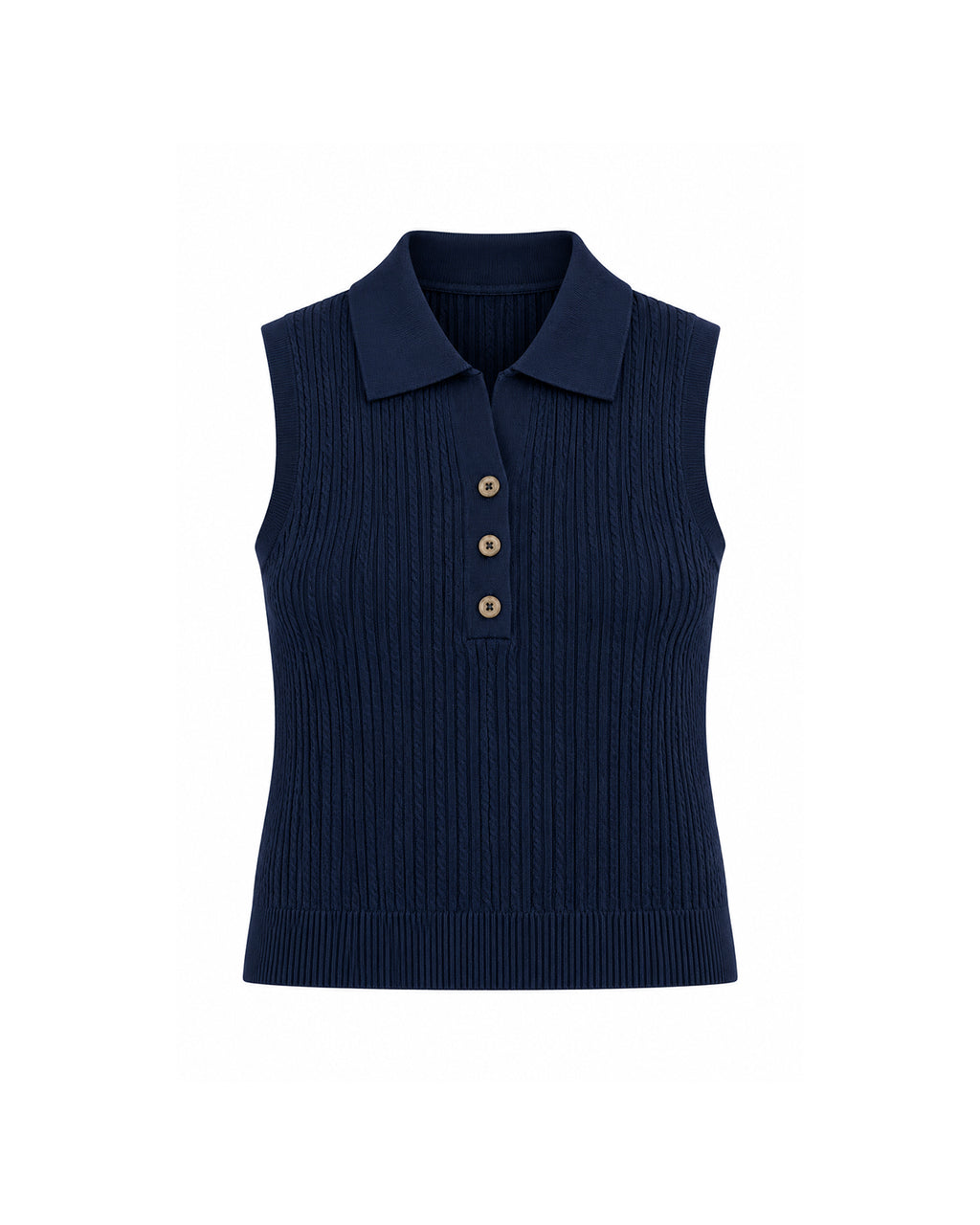 SLEEVELESS CABLE KNIT POLO TOP WITH BUTTON FRONT