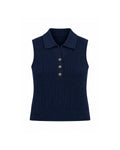 SLEEVELESS CABLE KNIT POLO TOP WITH BUTTON FRONT