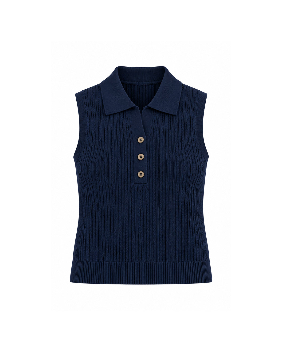 SLEEVELESS CABLE KNIT POLO TOP WITH BUTTON FRONT