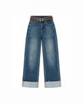 RELAXED-FIT CUFFED DENIM JEANS WITH BELT