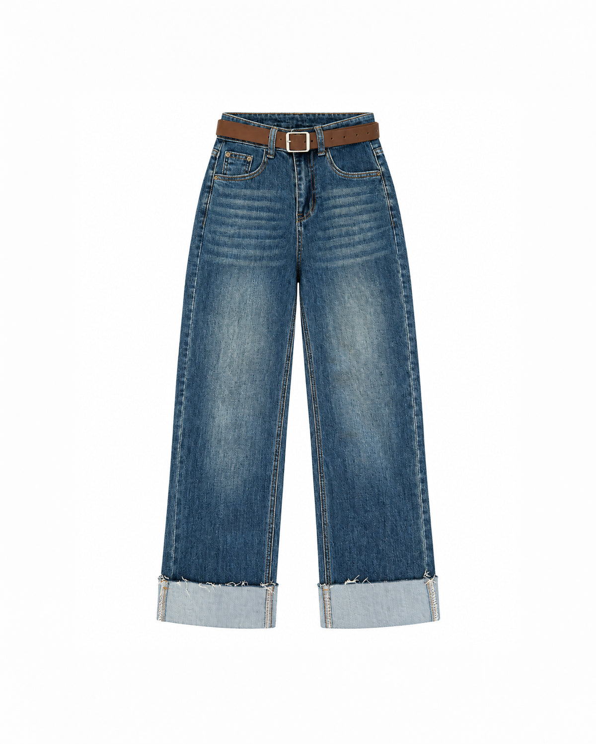 RELAXED-FIT CUFFED DENIM JEANS WITH BELT