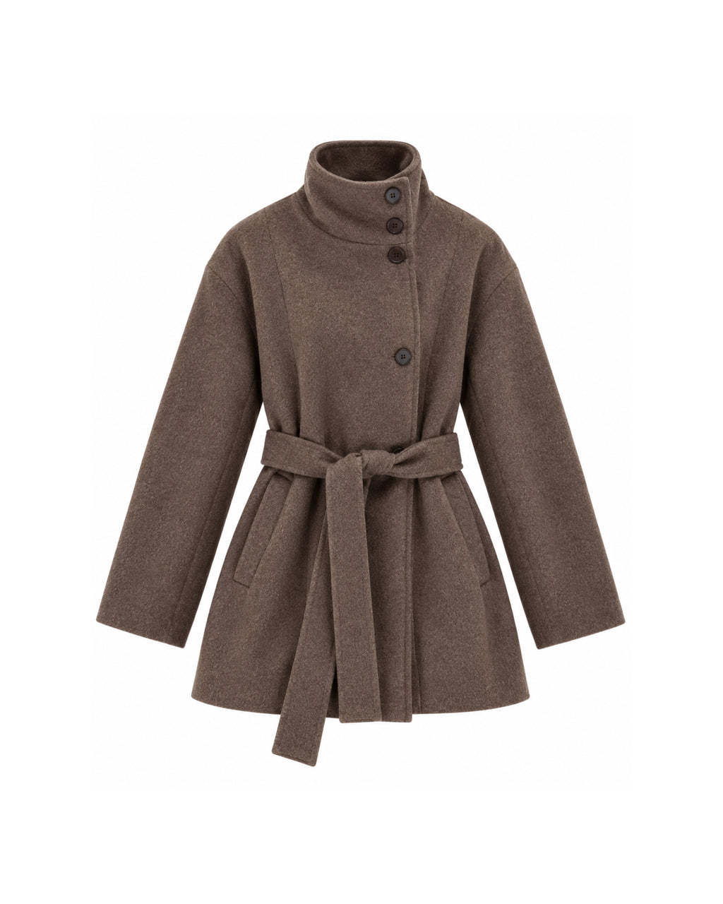 HIGH-NECK BUTTON-FRONT BELTED SHORT COAT