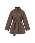 HIGH-NECK BUTTON-FRONT BELTED SHORT COAT