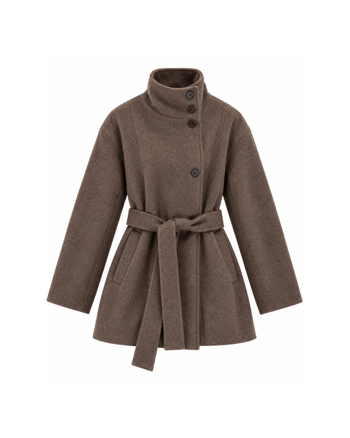 HIGH-NECK BUTTON-FRONT BELTED SHORT COAT