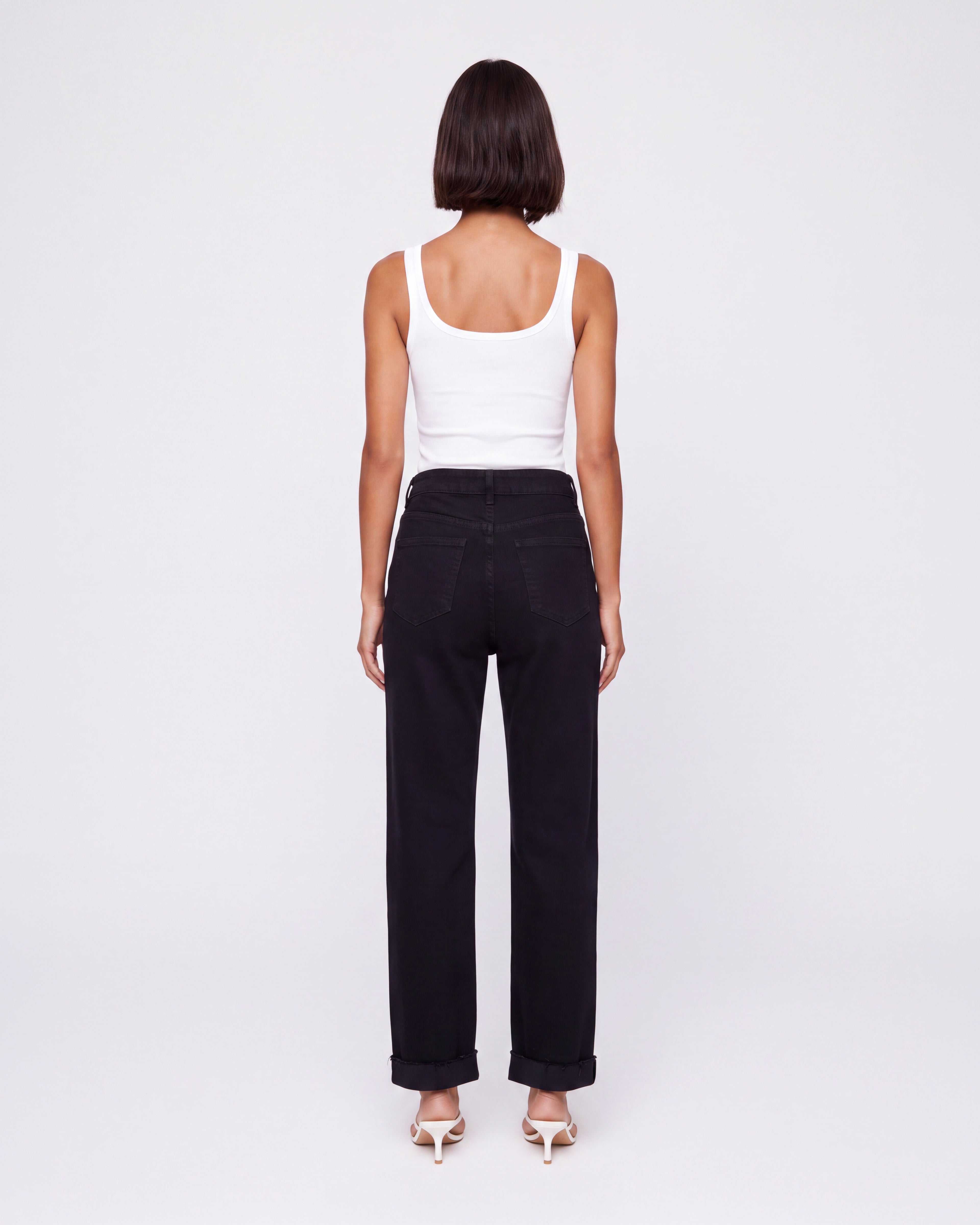 BLACK HIGH RISE TURN-UP STRAIGHT LEG JEANS