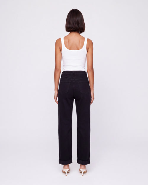 BLACK HIGH RISE TURN-UP STRAIGHT LEG JEANS