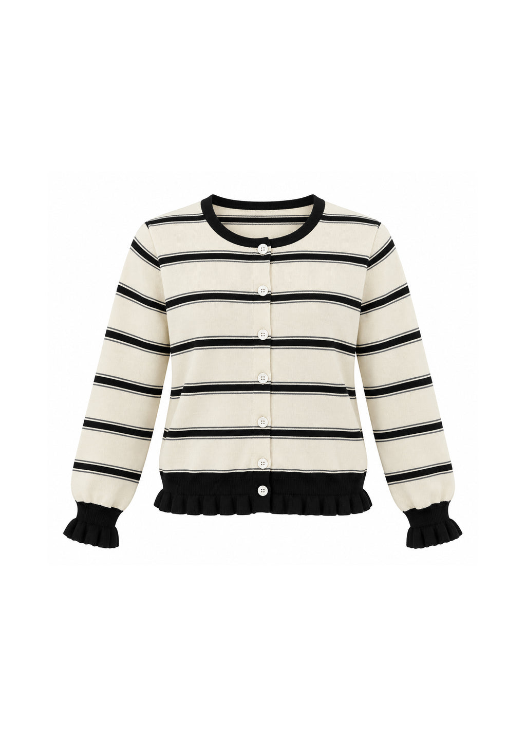 STRIPED BUTTON-FRONT KNIT CARDIGAN WITH RUFFLE TRIM