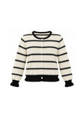 STRIPED BUTTON-FRONT KNIT CARDIGAN WITH RUFFLE TRIM