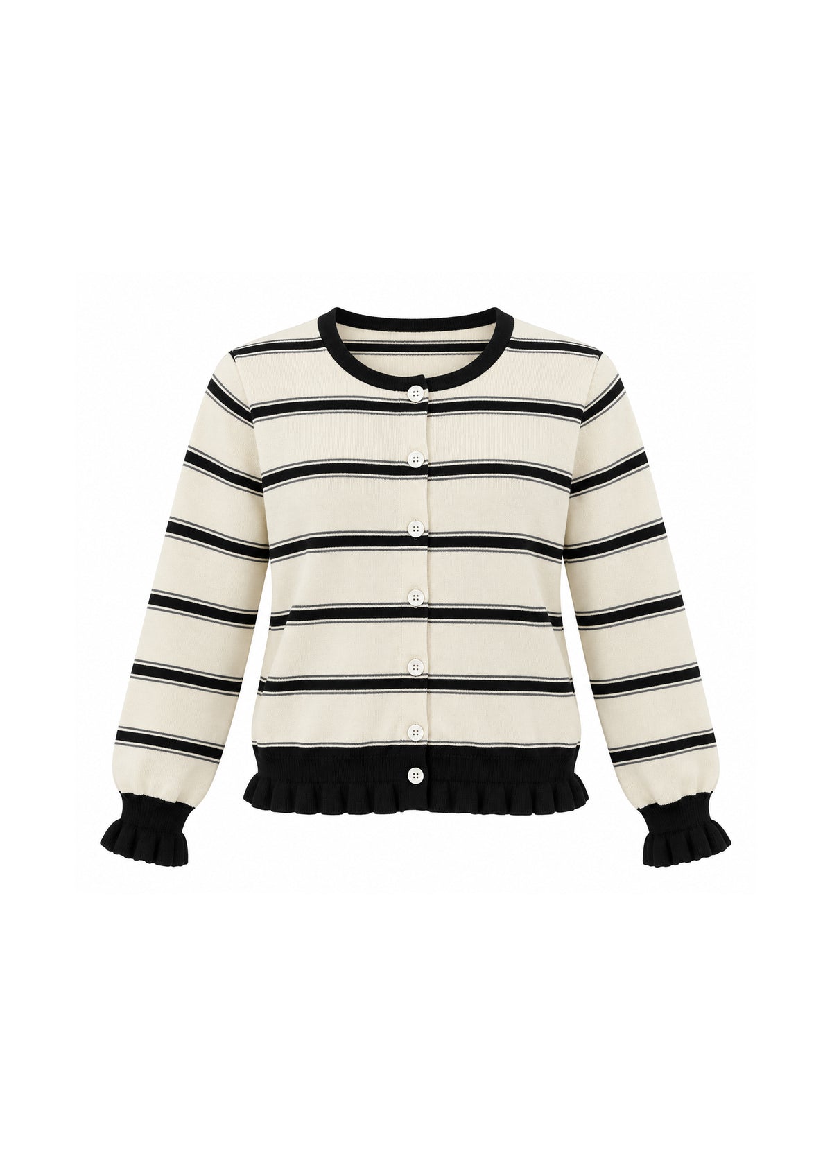 STRIPED BUTTON-FRONT KNIT CARDIGAN WITH RUFFLE TRIM
