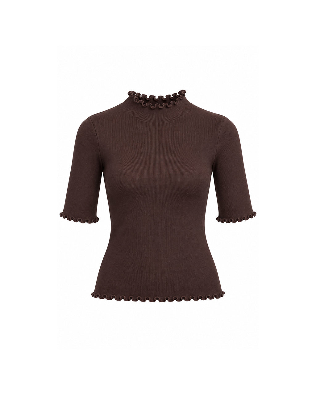 RIBBED MOCK NECK TOP WITH LETTUCE TRIM