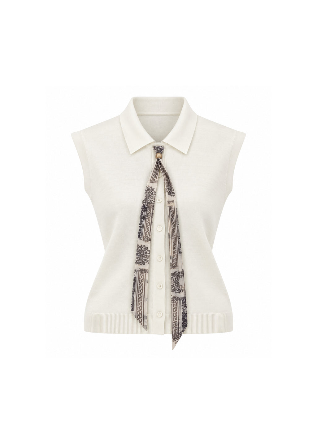 IVORY COLLARED BUTTON-FRONT SLEEVELESS KNIT TOP WITH PRINTED SCARF