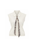 IVORY COLLARED BUTTON-FRONT SLEEVELESS KNIT TOP WITH PRINTED SCARF