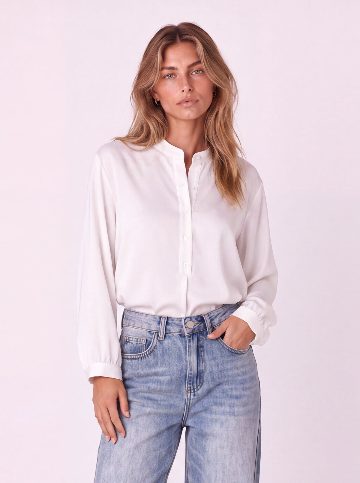MANDARIN COLLAR BUTTON-FRONT BLOUSE