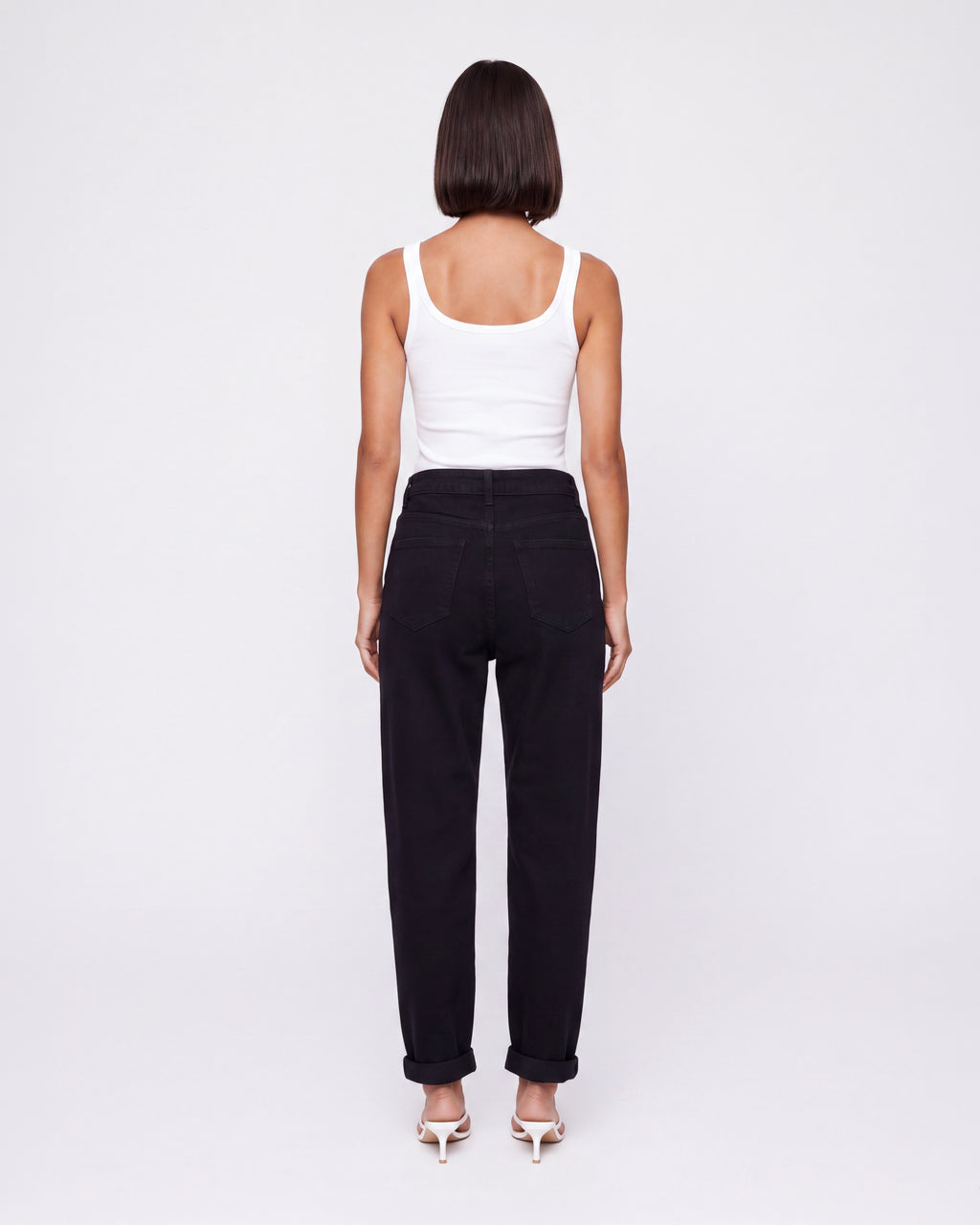 BLACK HIGH RISE TURN-UP TAPERED LEG JEANS