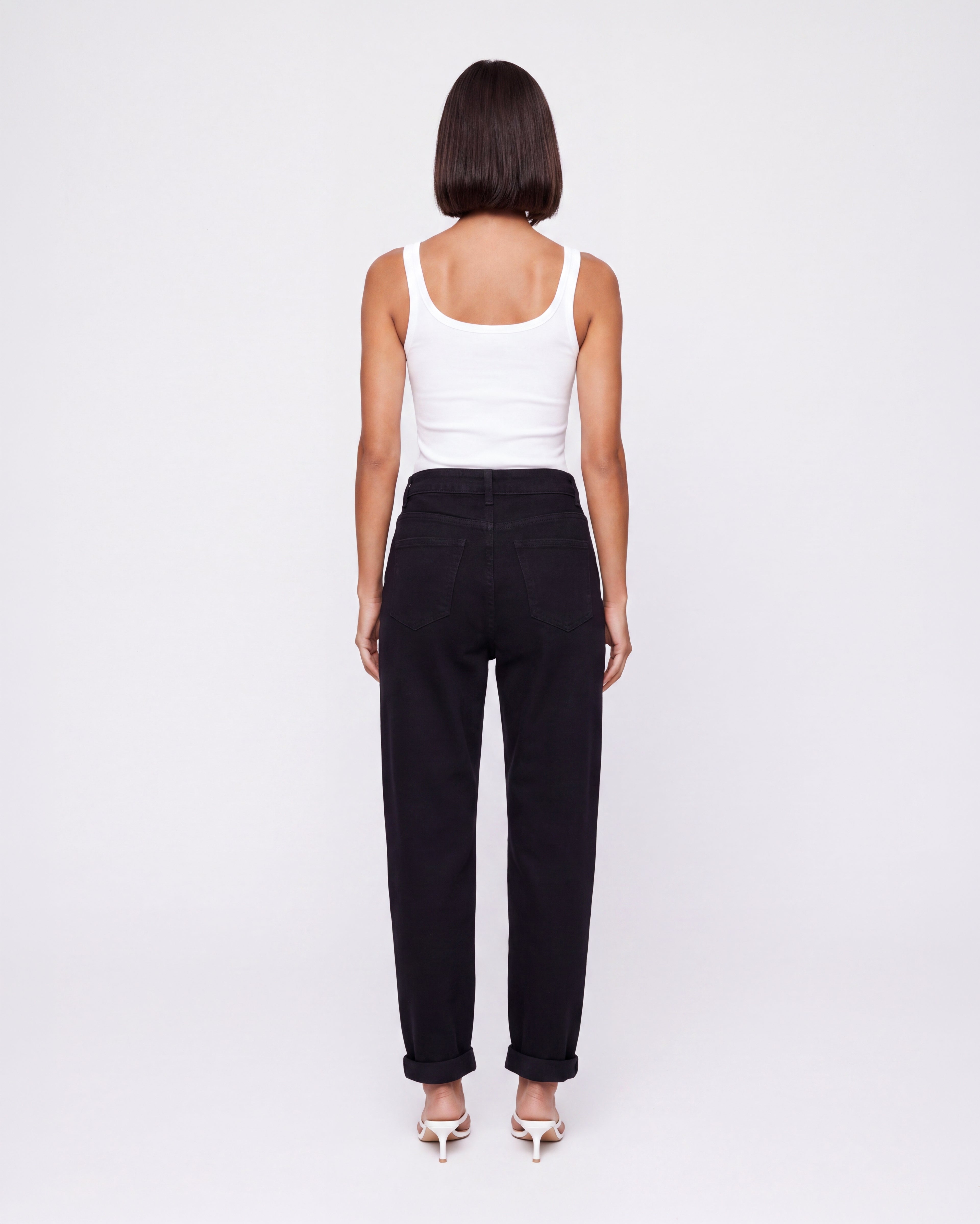 BLACK HIGH RISE TURN-UP TAPERED LEG JEANS