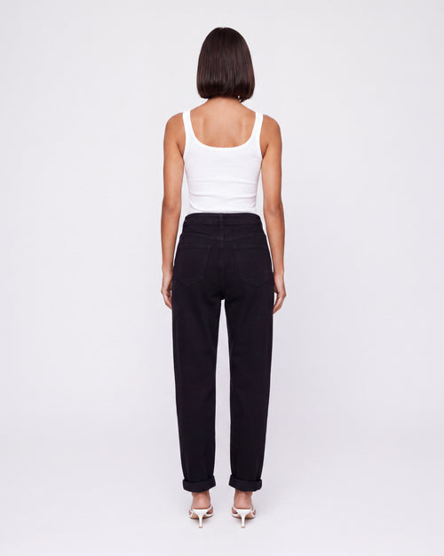 BLACK HIGH RISE TURN-UP TAPERED LEG JEANS