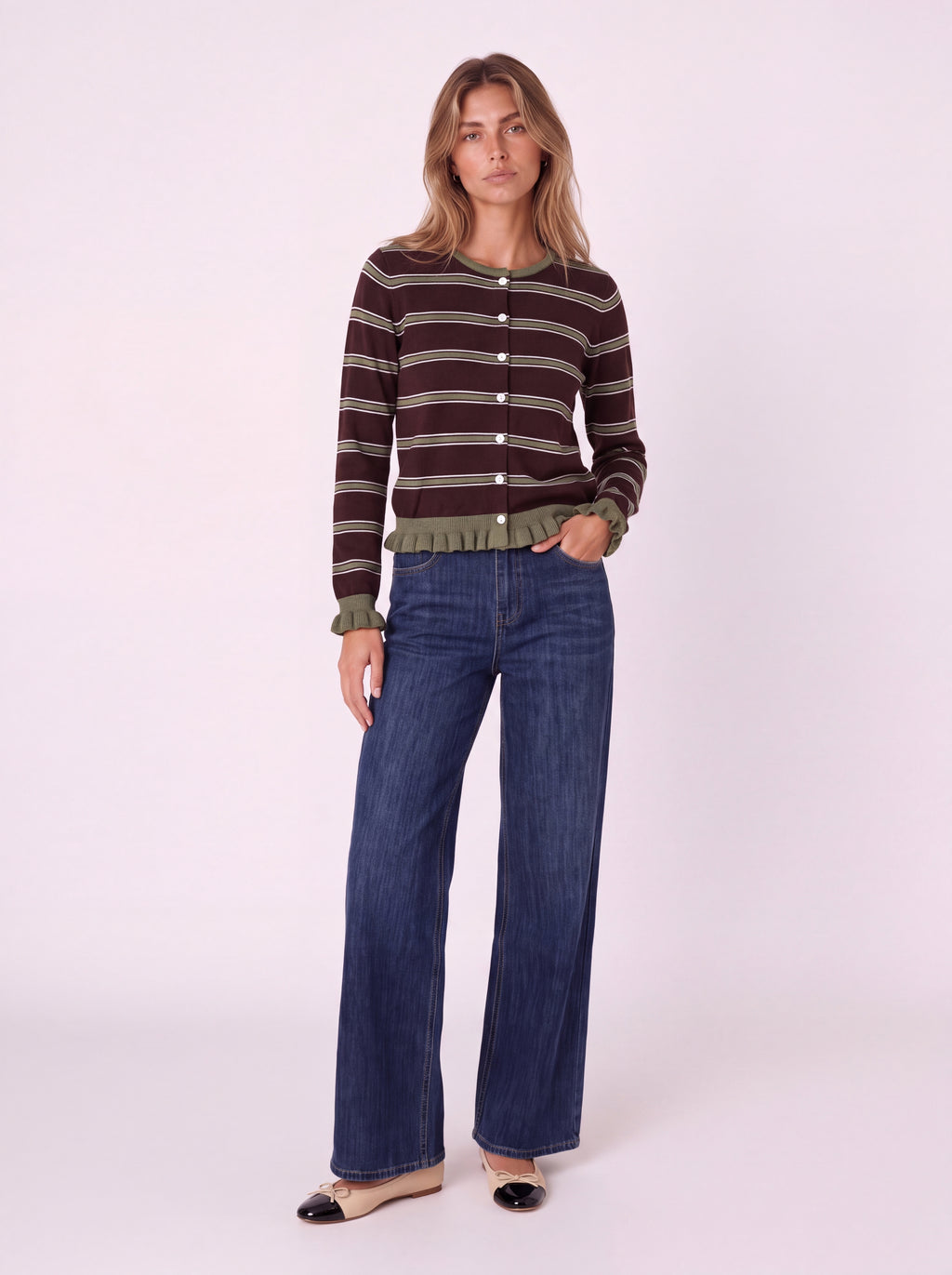 STRIPED BUTTON-FRONT KNIT CARDIGAN WITH RUFFLE TRIM