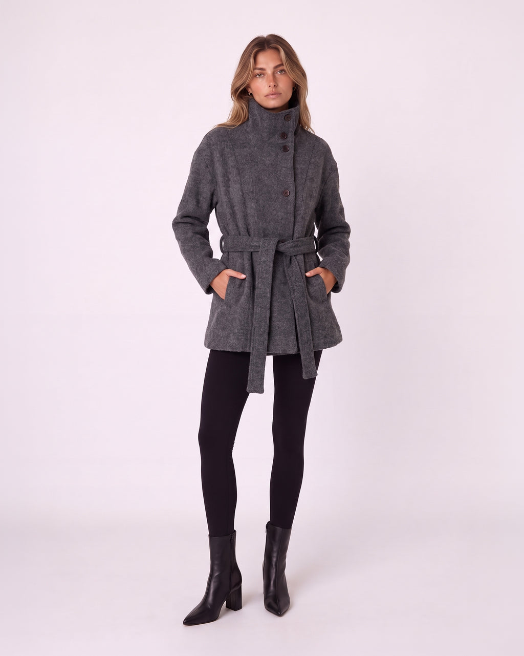 HIGH-NECK BUTTON-FRONT BELTED SHORT COAT