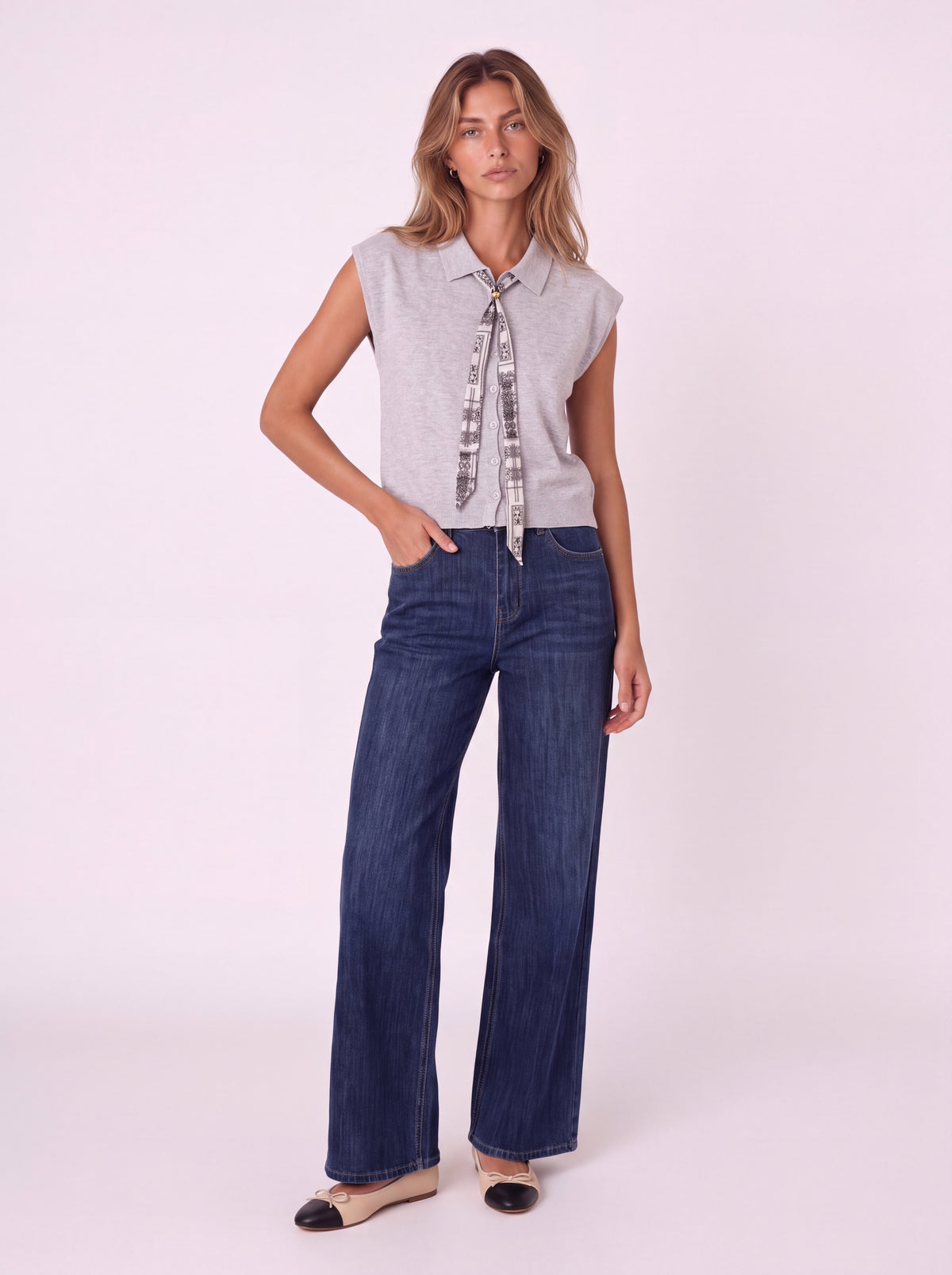 IVORY COLLARED BUTTON-FRONT SLEEVELESS KNIT TOP WITH PRINTED SCARF