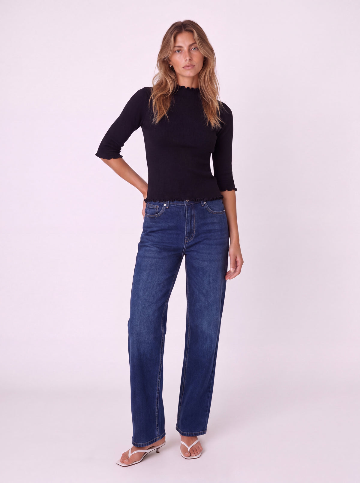 RIBBED MOCK NECK TOP WITH LETTUCE TRIM