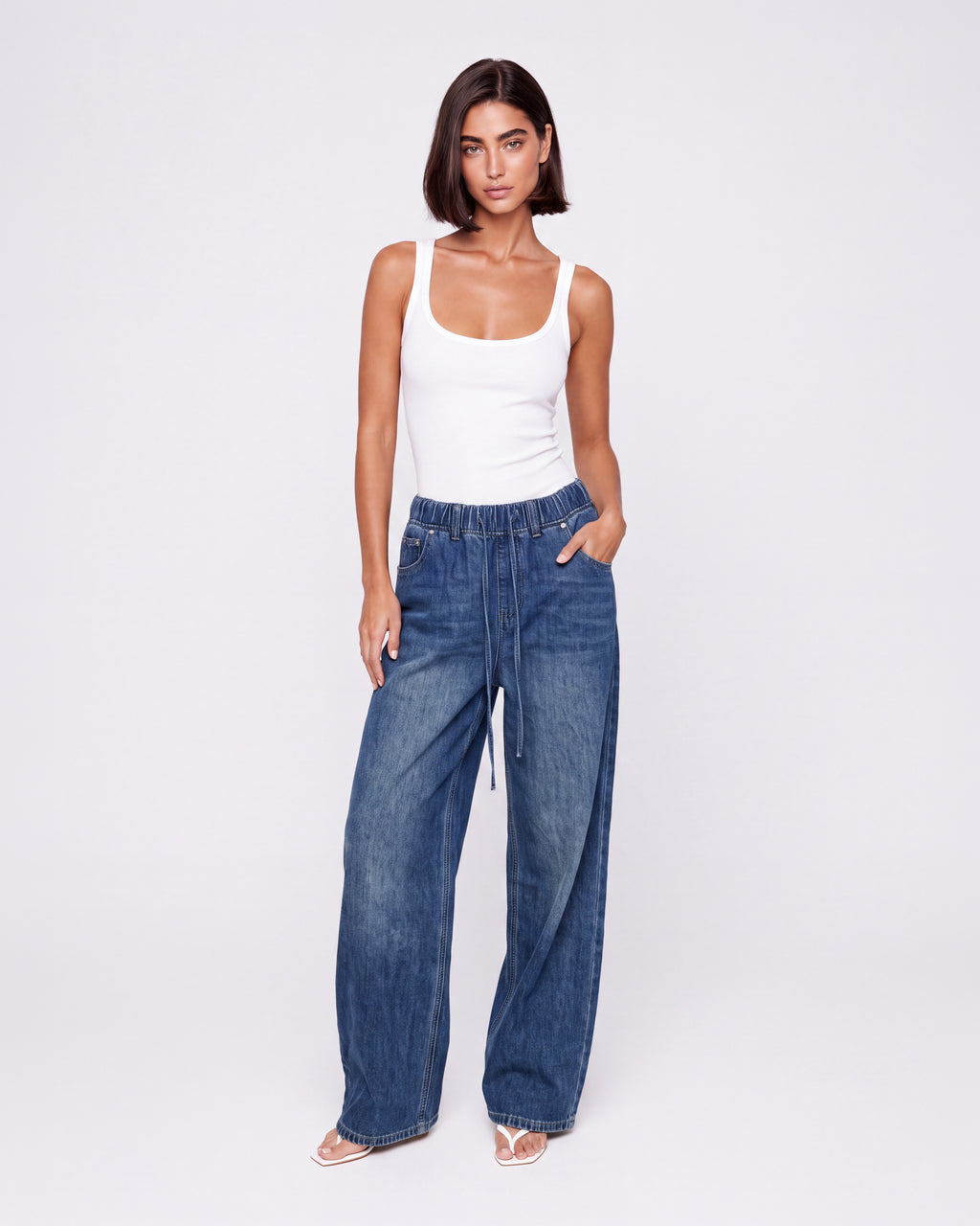 ELASTIC WAIST WIDE LEG JEANS