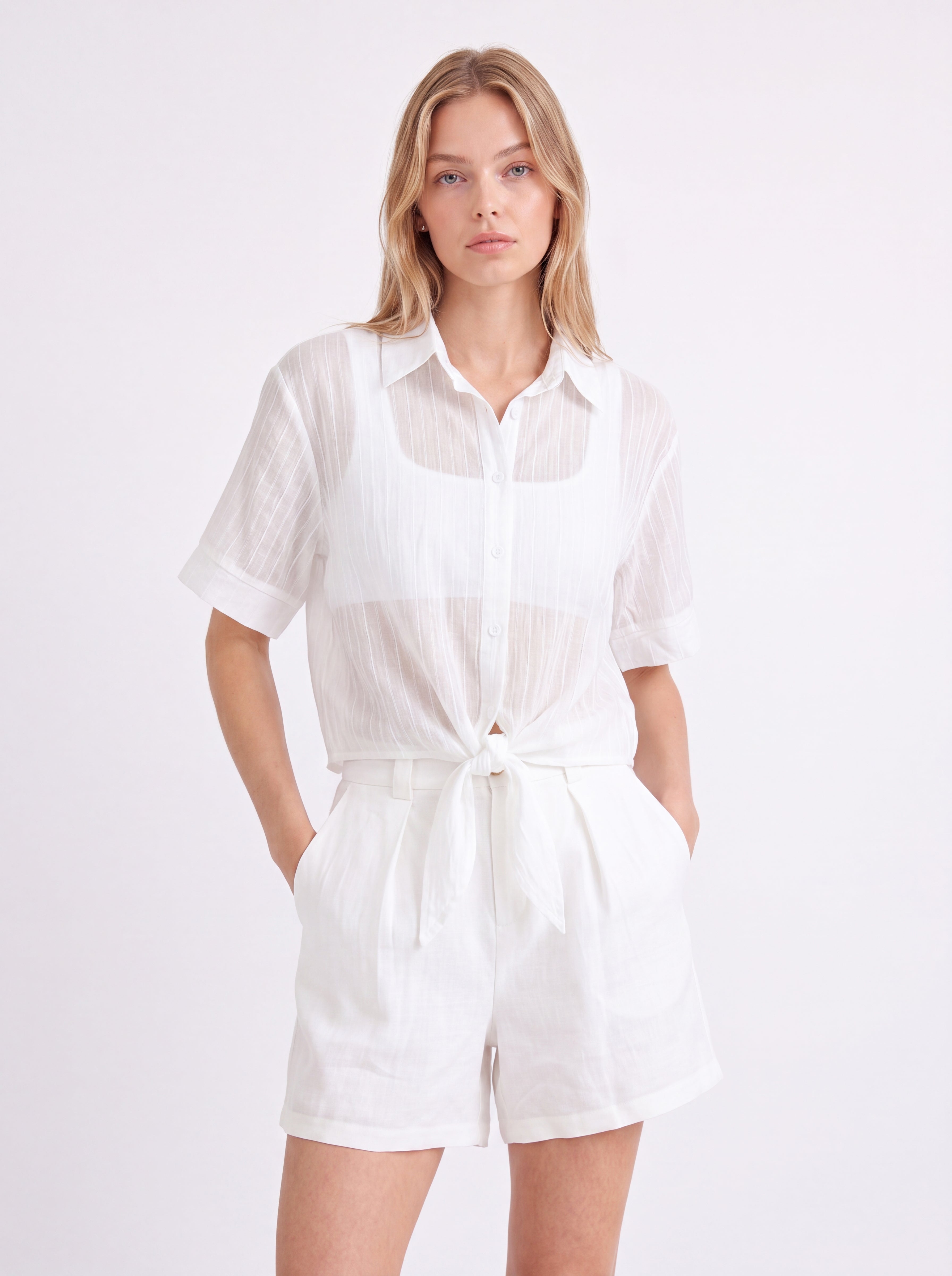 SHEER STRIPED TIE-FRONT SHIRT