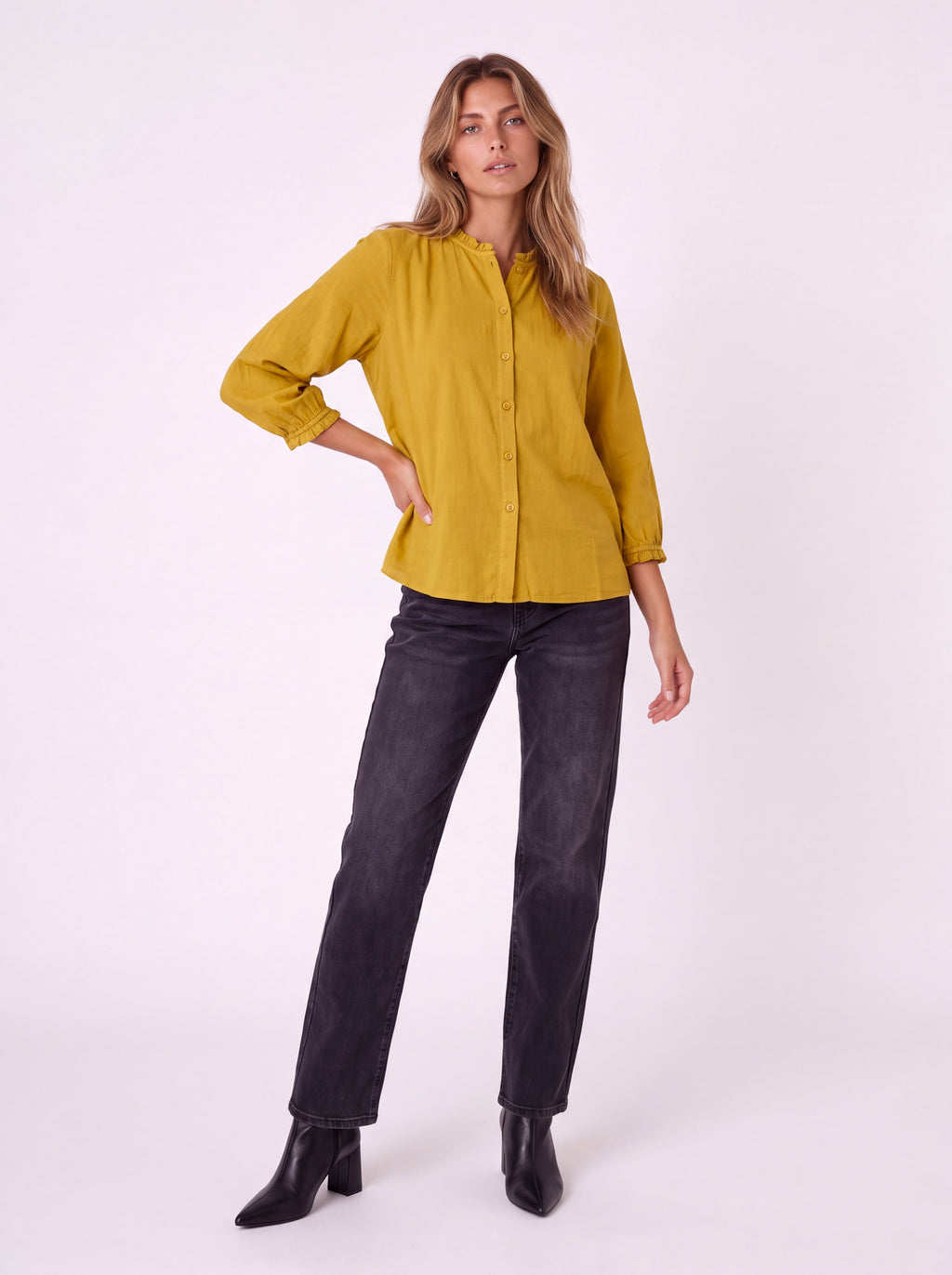BUTTON FRONT BLOUSE WITH PUFF SLEEVES AND RUFFLE DETAILS
