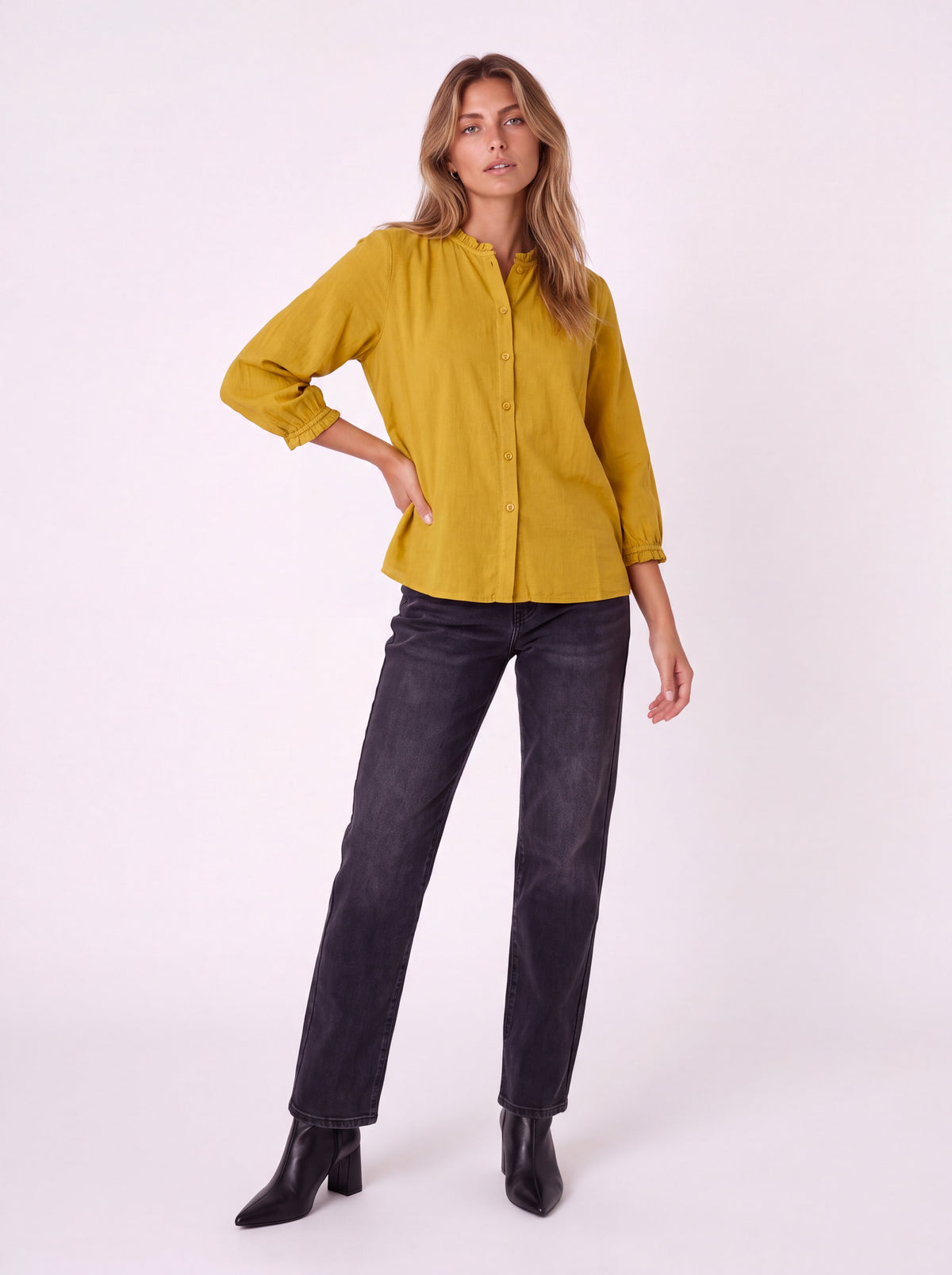 BUTTON FRONT BLOUSE WITH PUFF SLEEVES AND RUFFLE DETAILS
