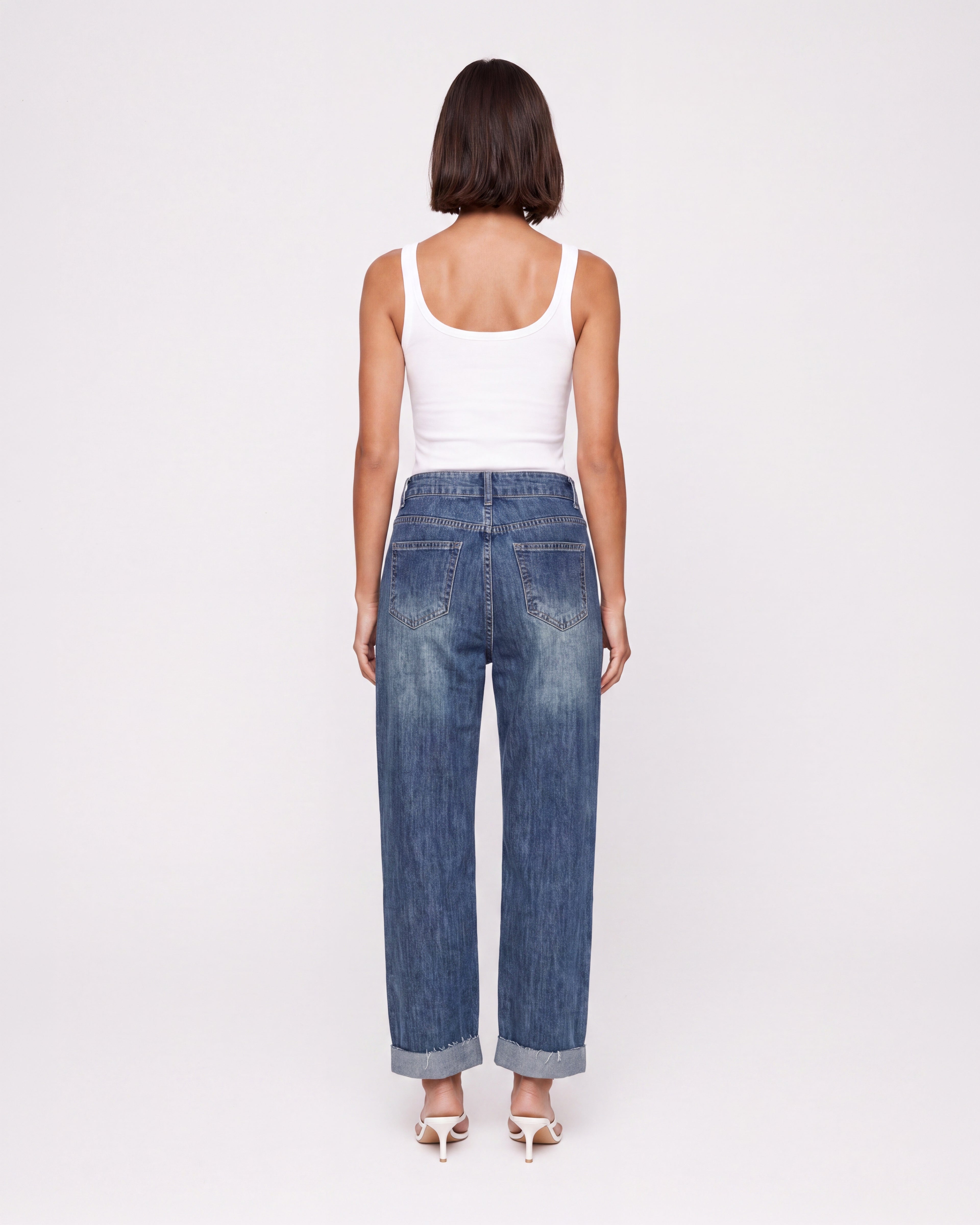 HIGH RISE TURN-UP STRAIGHT LEG JEANS