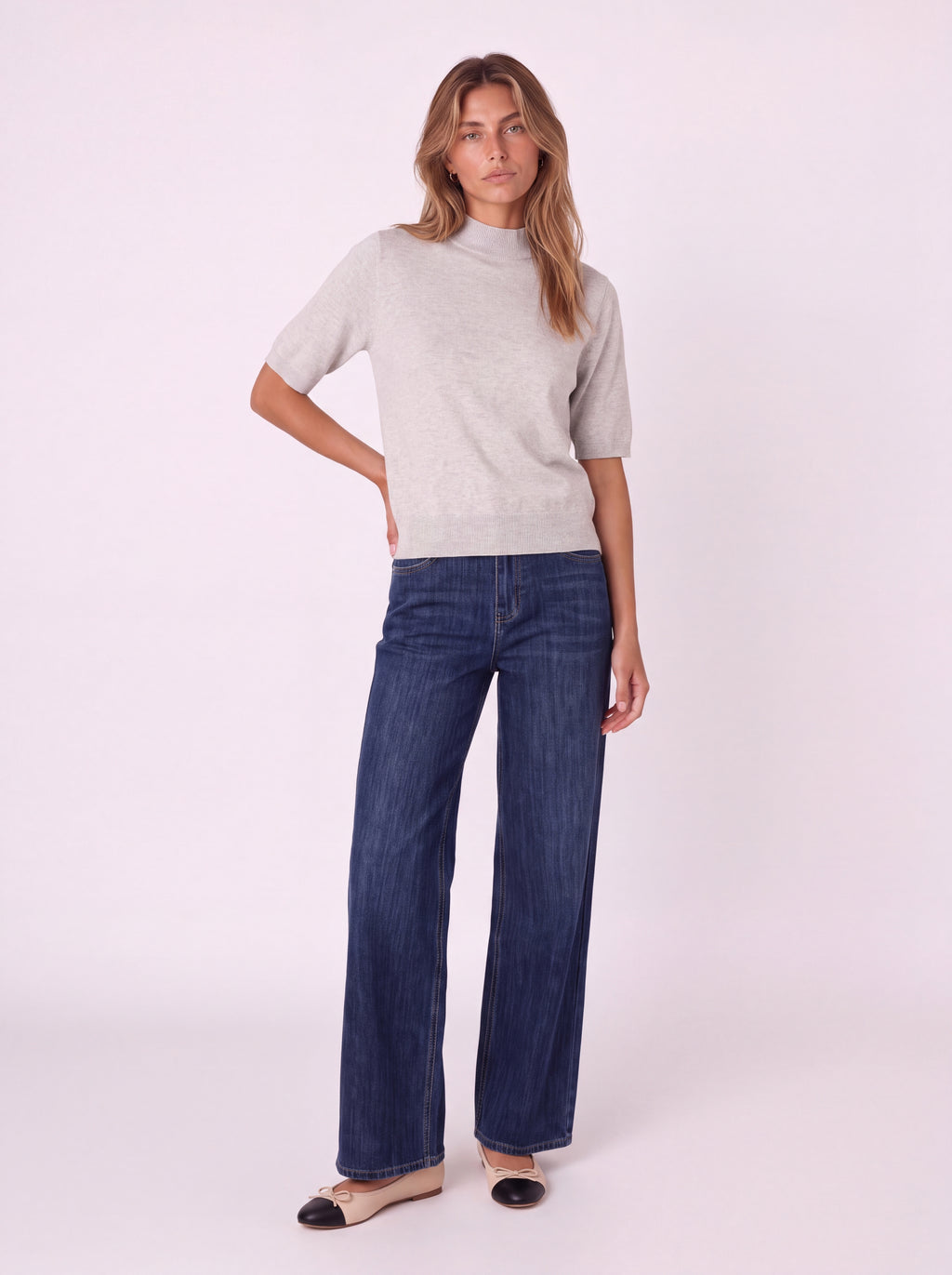 MOCK-NECK SHORT-SLEEVE KNIT TOP
