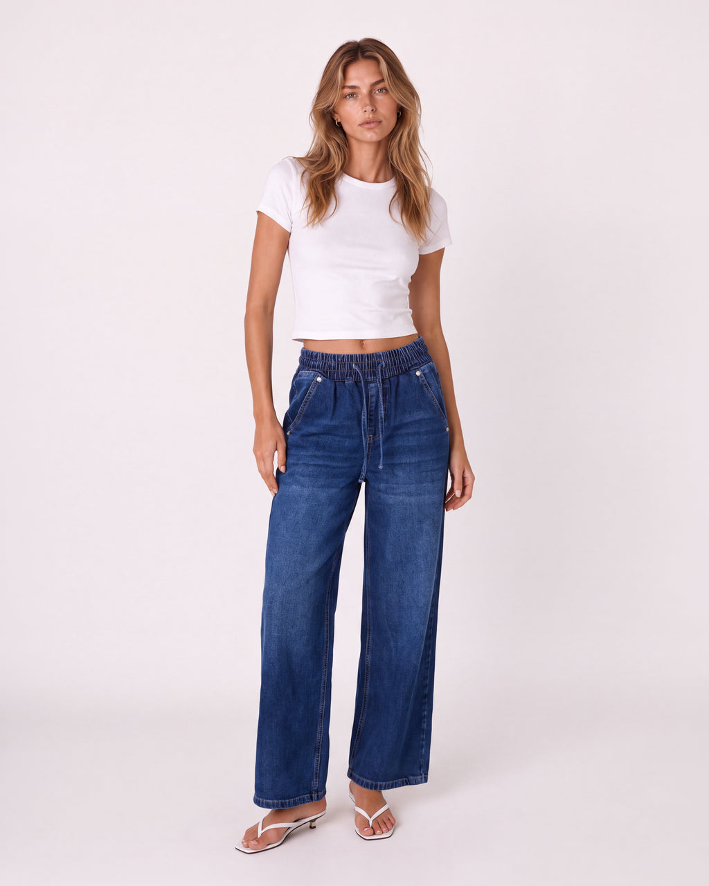 WASHED DENIM WIDE-LEG DRAWSTRING JEANS