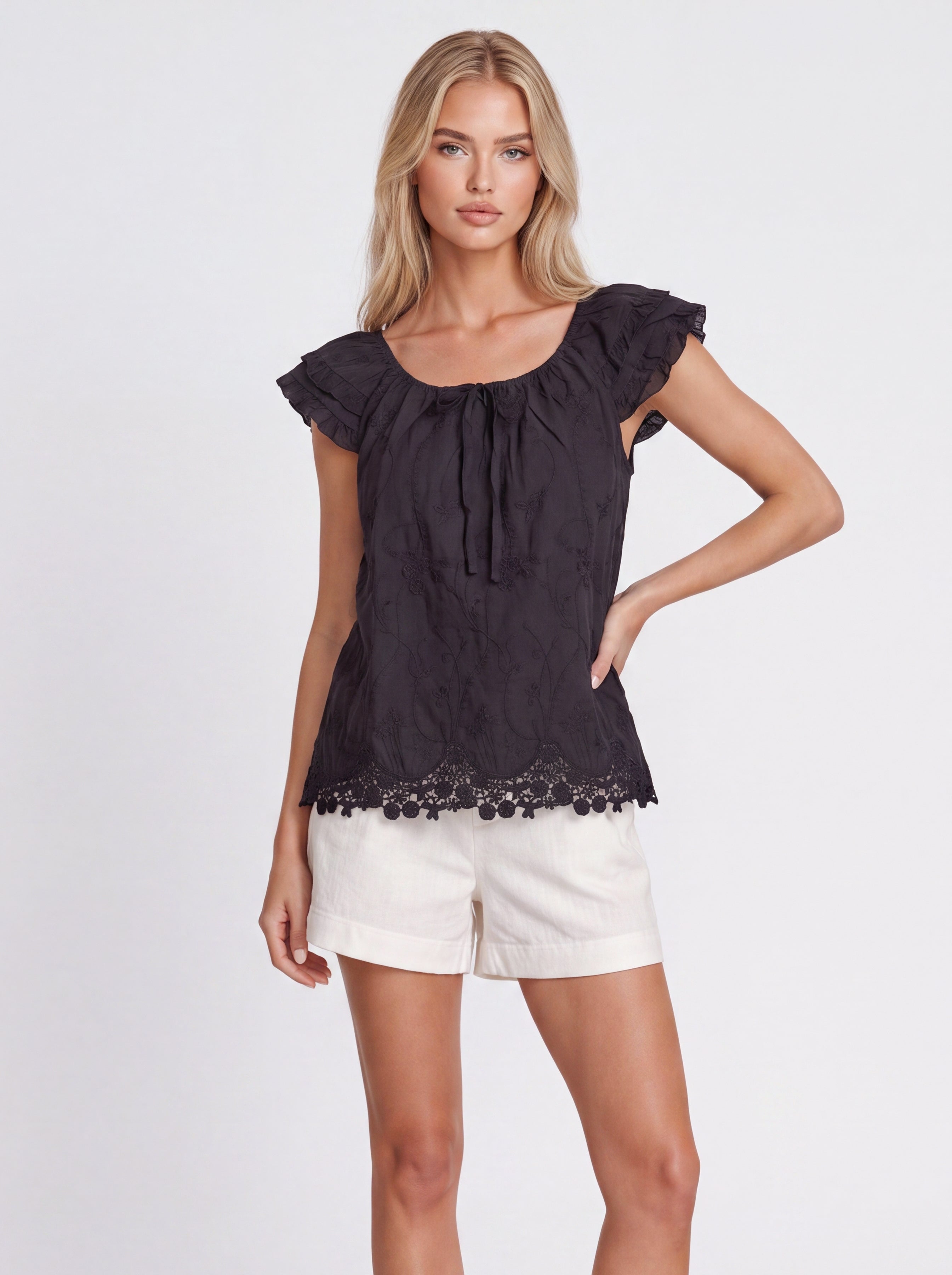 LACE TRIM RUFFLE BLOUSE