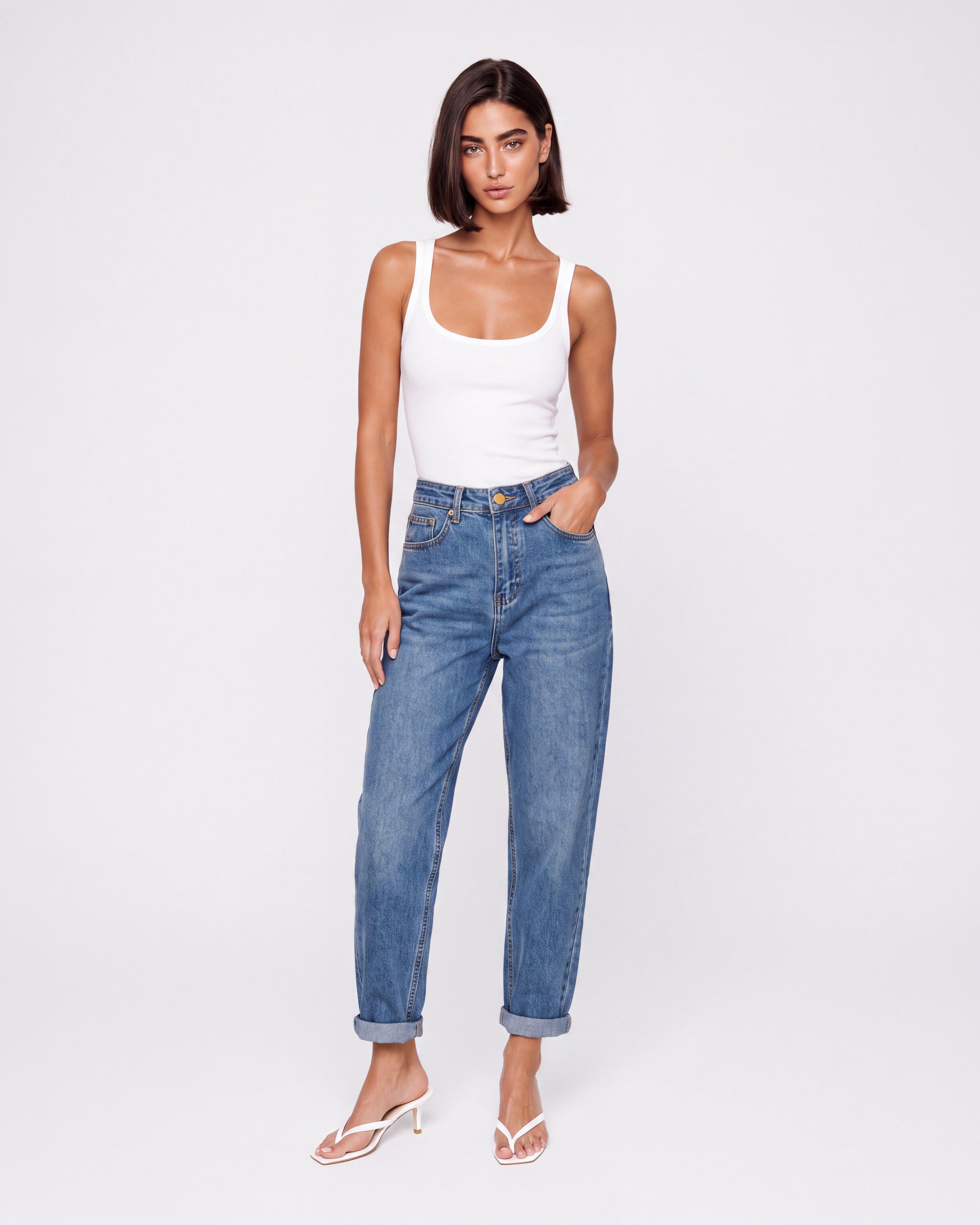 HIGH RISE TURN-UP TAPERED LEG JEANS