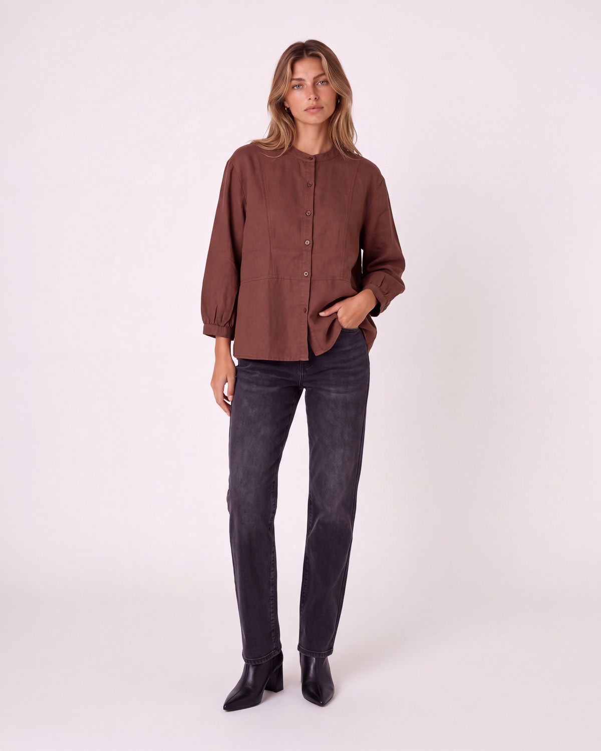 MANDARIN COLLAR BUTTON-FRONT LONG SLEEVE PEPLUM BLOUSE
