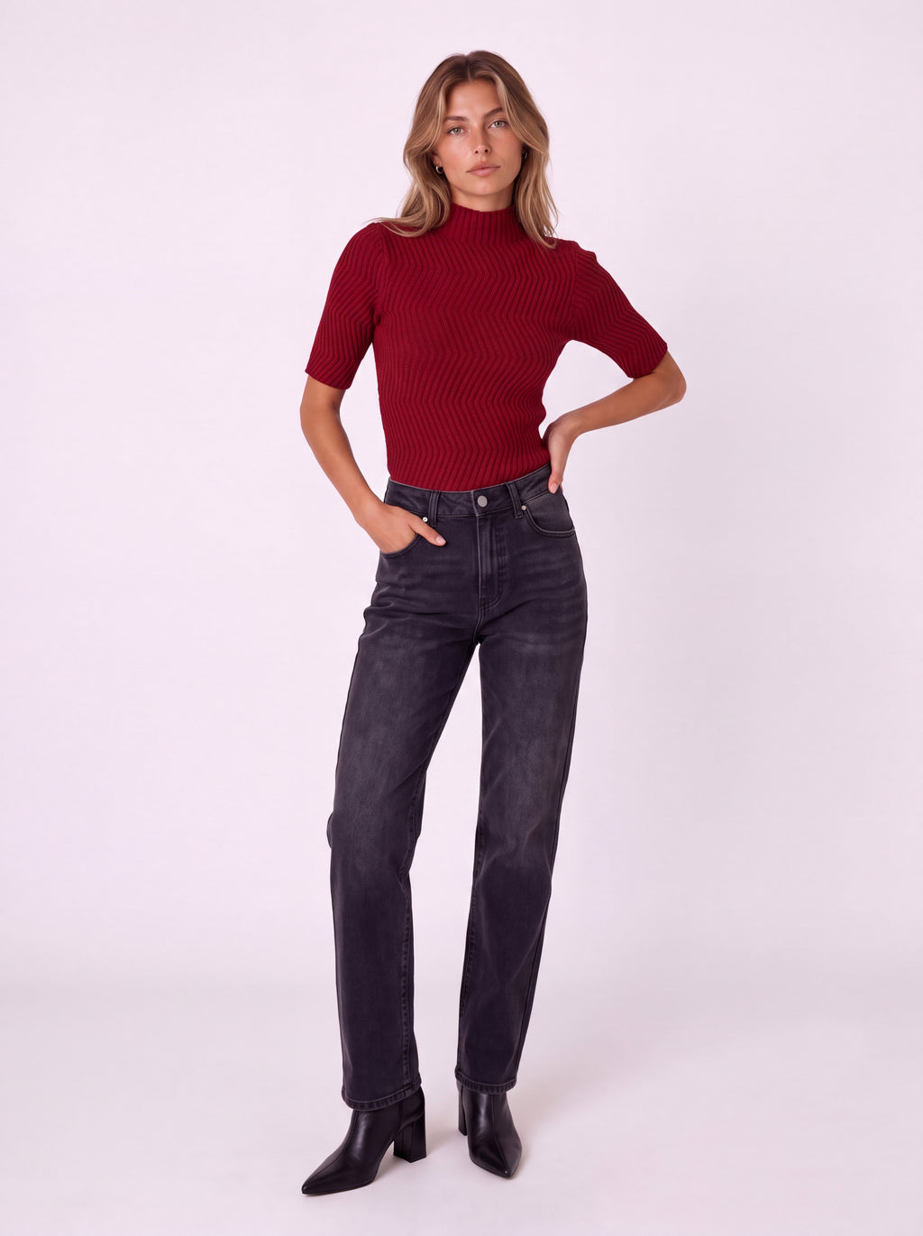 MOCK NECK SHORT SLEEVE TEXTURED RIBBED KNIT TOP