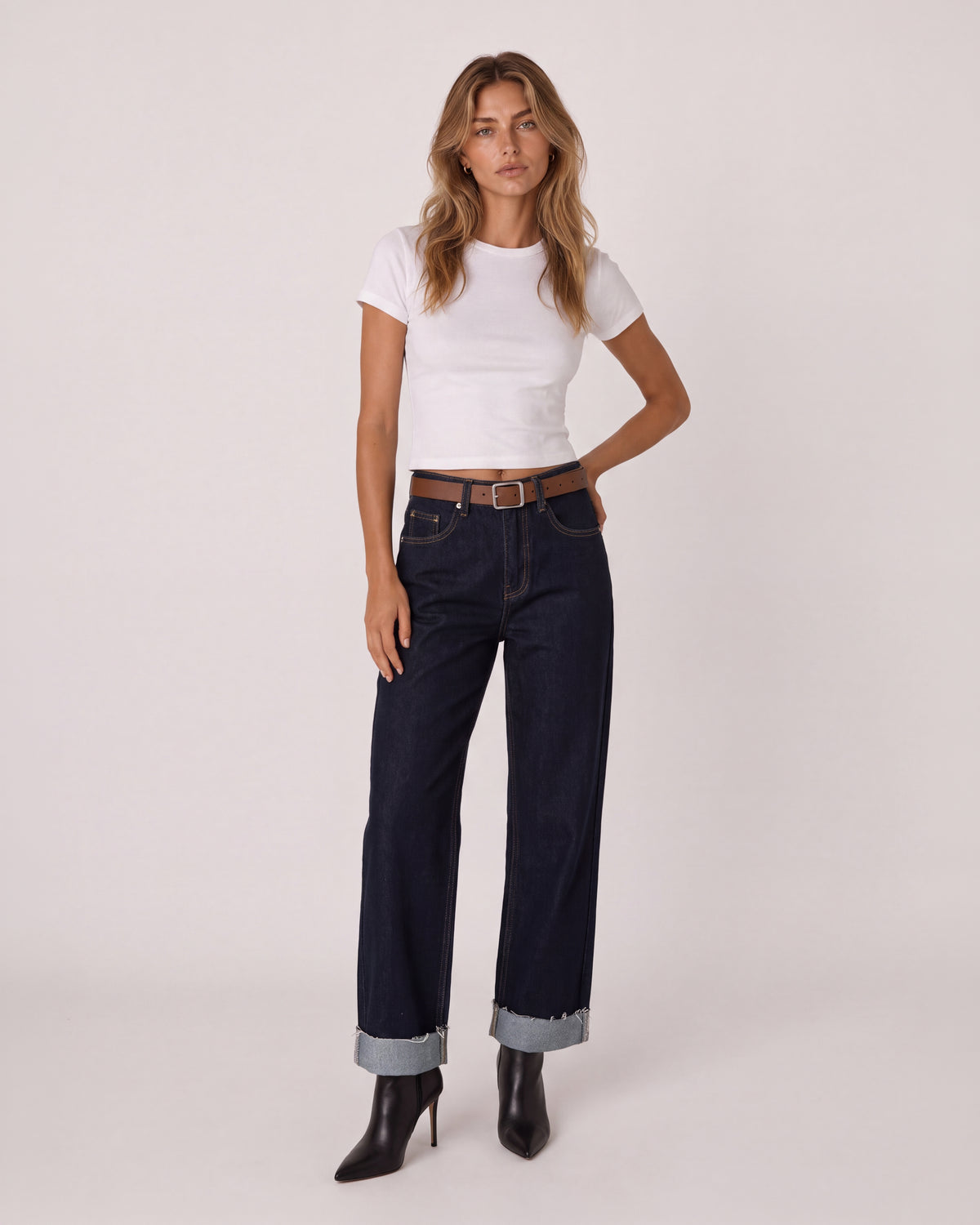 RELAXED-FIT CUFFED DENIM JEANS WITH BELT
