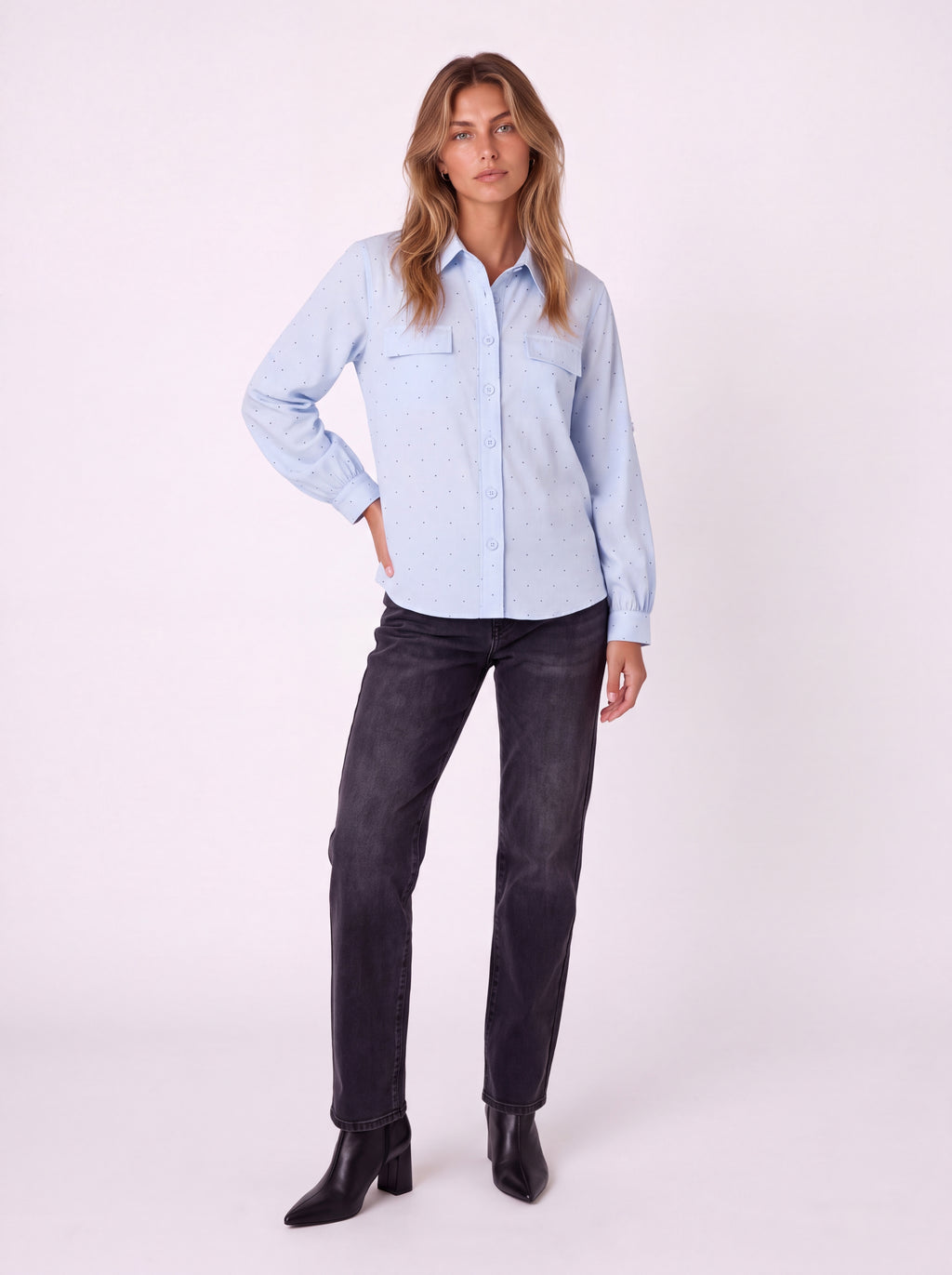 POLKA DOT BUTTON-FRONT LONG SLEEVE SHIRT
