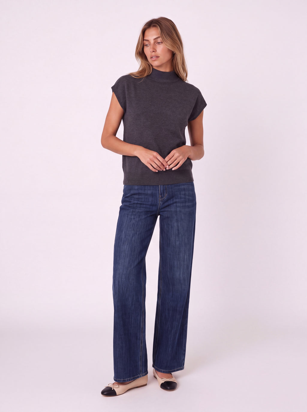 MOCK-NECK CAP-SLEEVE KNIT TOP