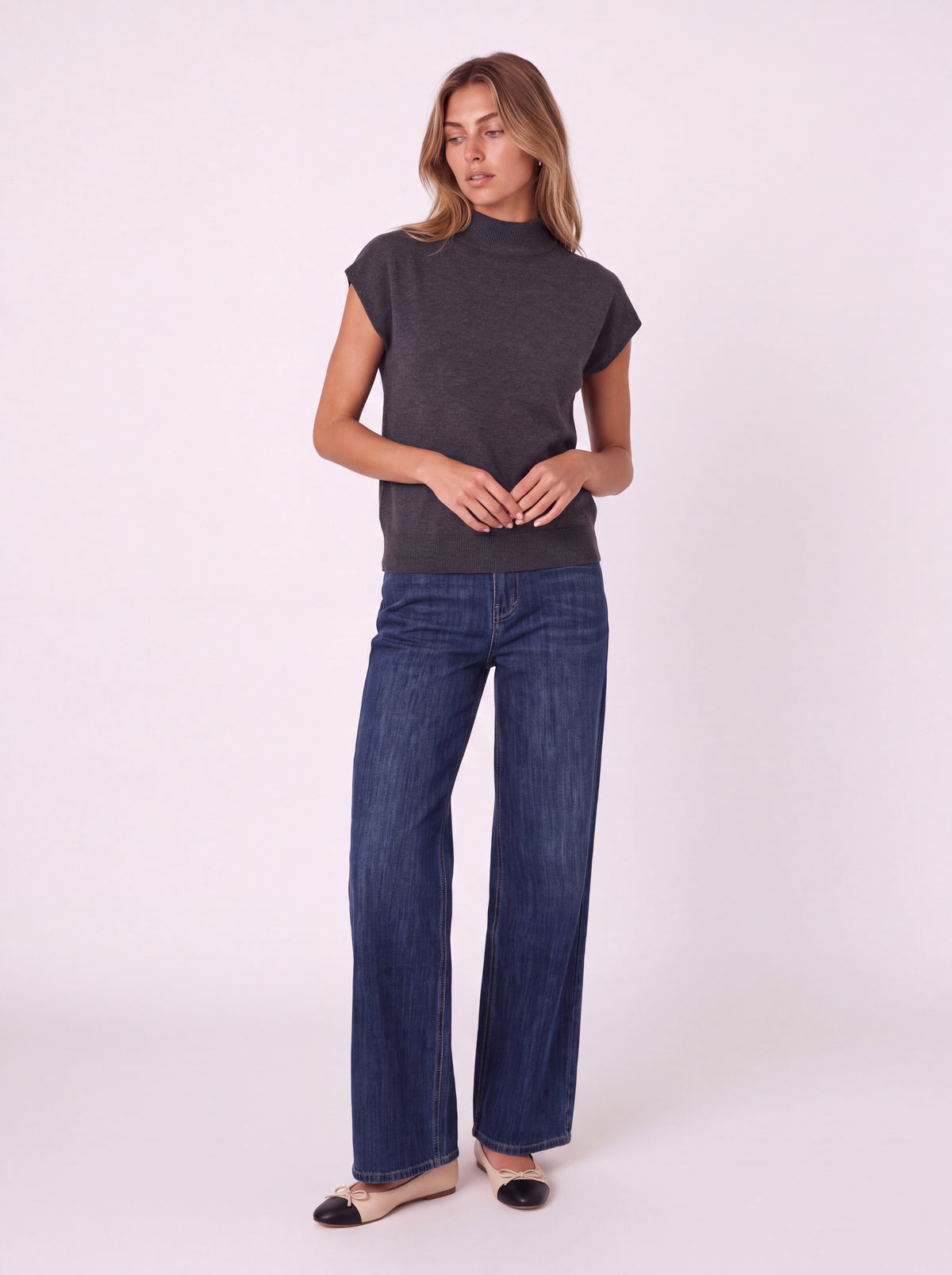 MOCK-NECK CAP-SLEEVE KNIT TOP
